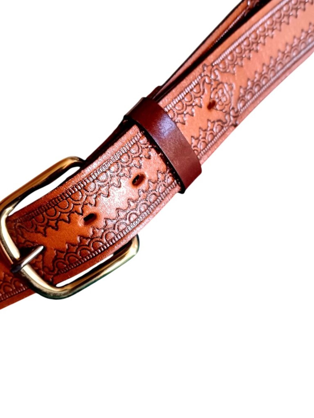 Vintage 48 Cowboy Belt Handcrafted Brown Embossed Genuine Leather Made In USA